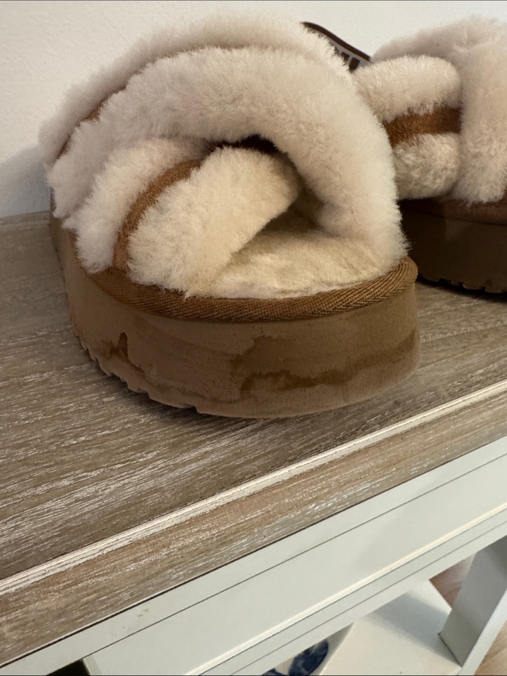 UGG Chestnut and Cream Fluff Flip Flop Slippers with Logo Strap - Picture 3 of 12